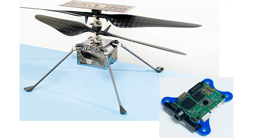 Qualcomm Flight Platform (inset) powering the Ingenuity helicopter. Image credit: NASA/JPL-Caltech. 